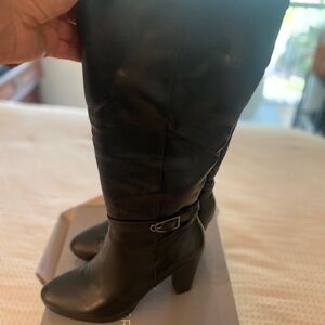 Black Heeled Boots with Chunky Heel and Strap Detail